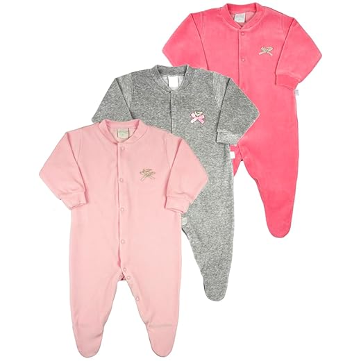 Kit 3 Macacões Bebê Menina em Plush com Pezinho – Manga Longa – Cores Rosa, Mescla e Chiclete