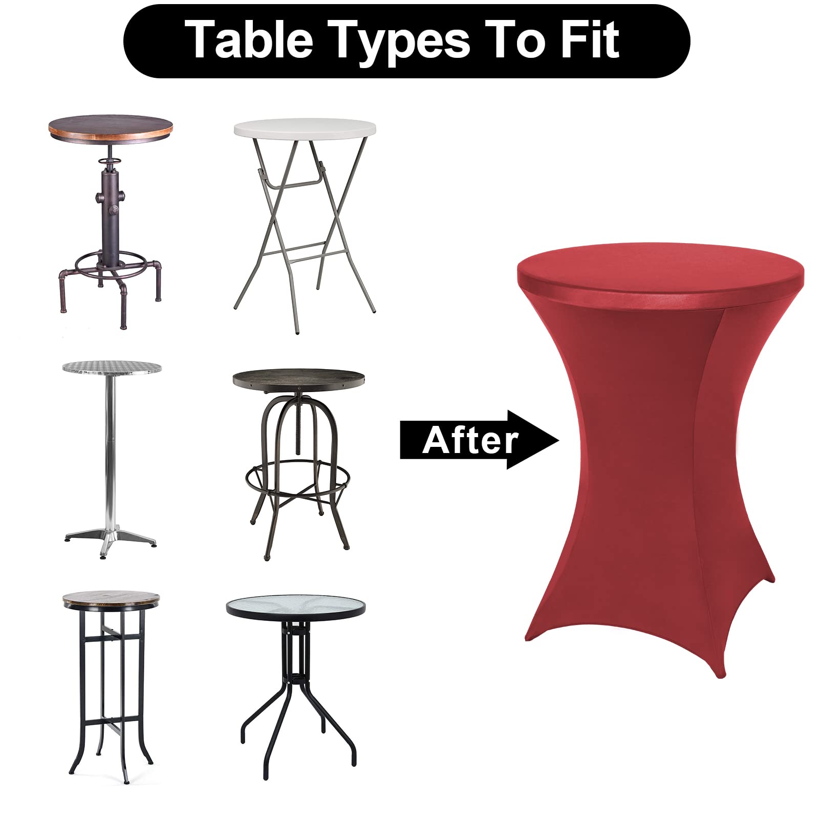 FestiCorp Paquete de 10 fundas de mesa de cóctel de elastano, mantel elástico redondo para fiestas, bares, bodas, cumpleaños, banquetes, color rojo, 30-32 pulgadas de diámetro x 40-43 pulgadas de alto