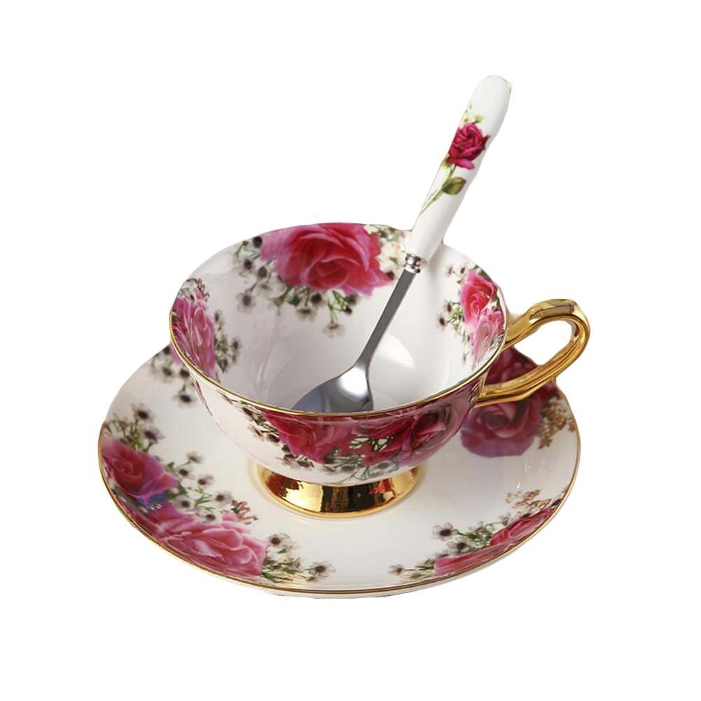 NDHT Bone China Teacups/Coffee Cup and Saucers Sets with Spoons-10.2Oz, for Home, Restaurants,Rose,With Gift Box