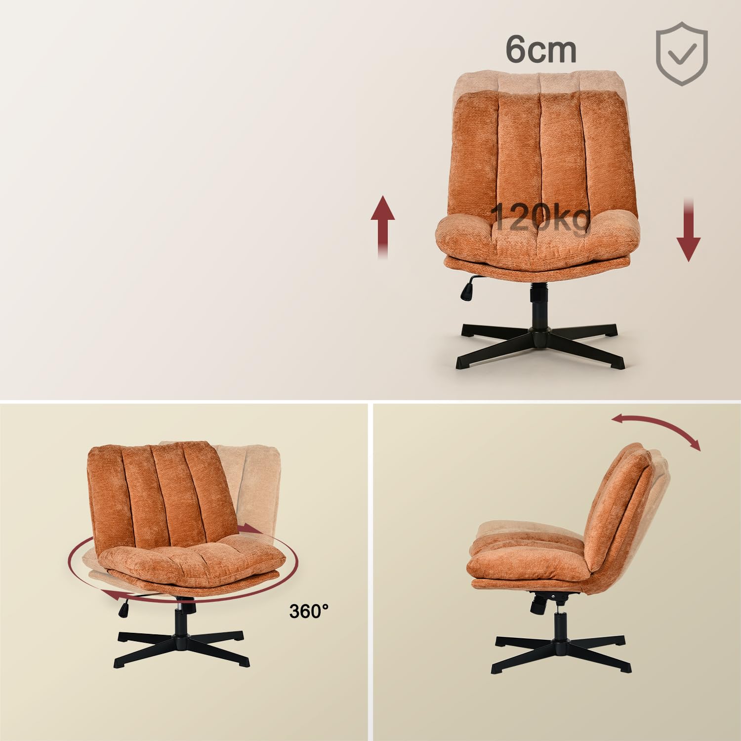 MEUBLE Cosy Silla de Oficina Giratoria 360° Función de Inclinación, Altura Ajustable, Acolchada con Espuma en Tela, para Escritorio Estudio, sin Ruedas, Rojo