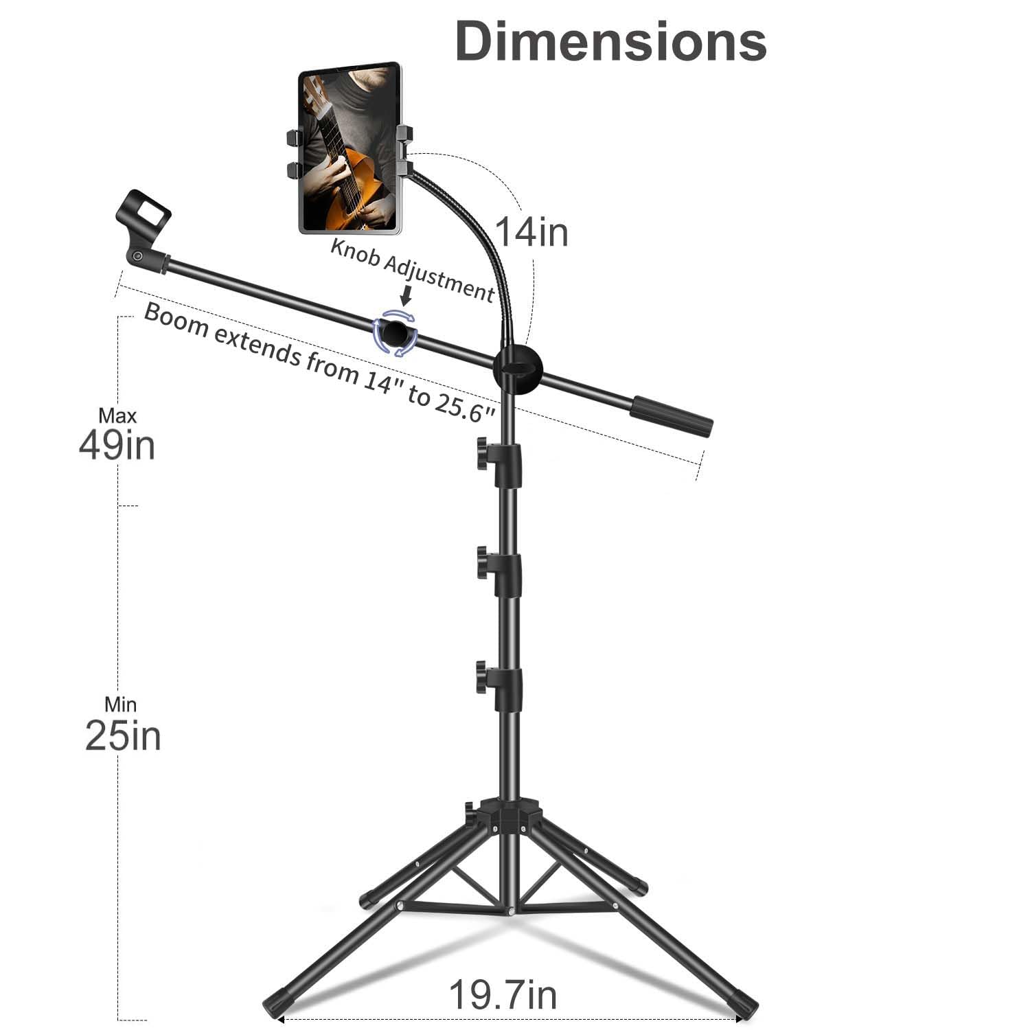 Soporte para micrófono, soporte de micrófono con soporte para tablet y teléfono, altura ajustable, brazo de cuello de cisne con 2 clips de micrófono para cantar en escenario, fiesta