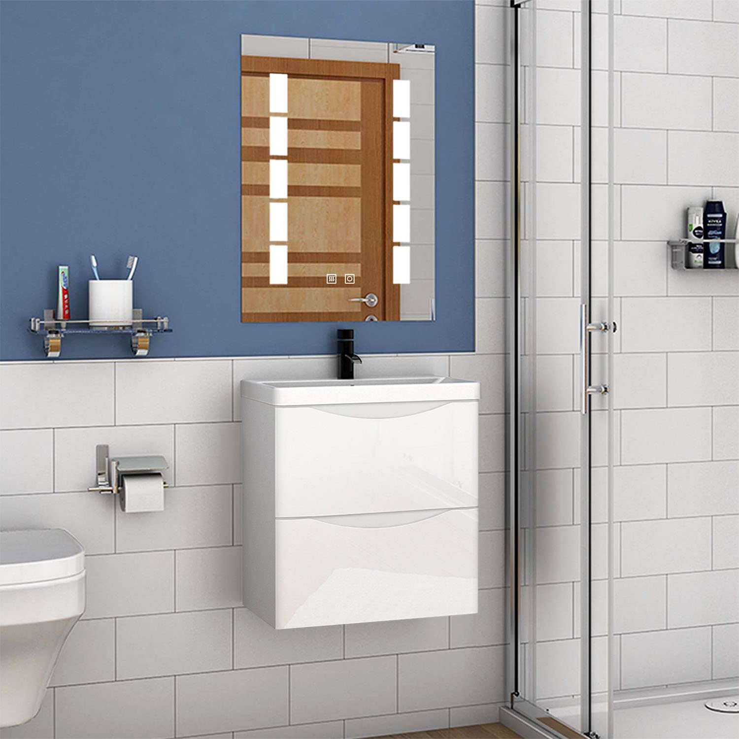 Aica Sanitär Badmöbel Set Weiß Hochglanz 50 cm Sofia Waschbecken mit Unterschrank Waschtisch