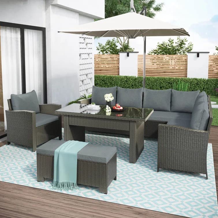 Sponsored Ad - LOCCUS 5-Piece Patio Furniture Set – All-Weather Wicker Outdoor Sectional Sofa with Ottoman & Dining Table – Modern Rattan Conversation Set for Balcony, Backyard, Garden, Poolside (Black & Grey)