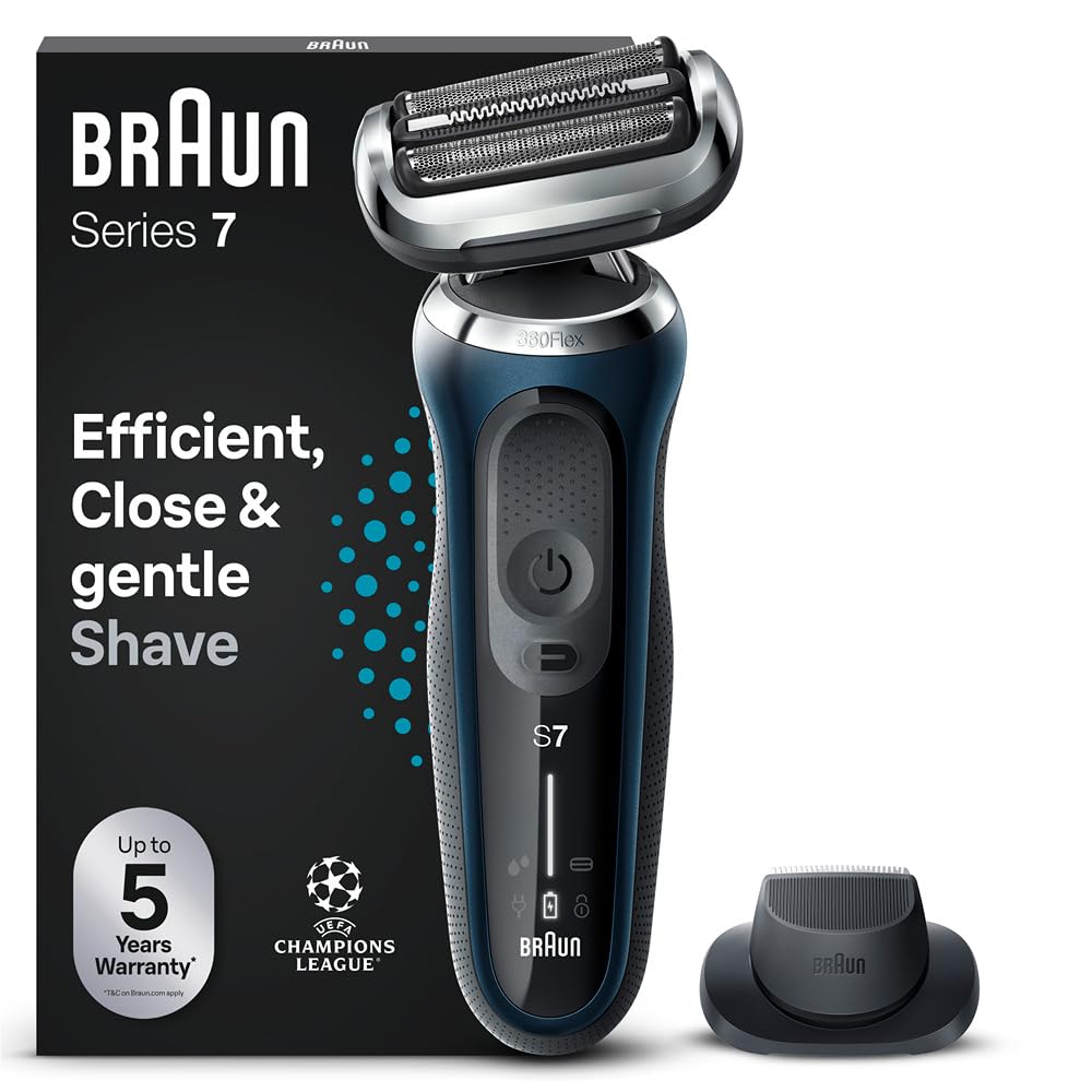 Braun Series 7 Afeitadora Eléctrica Hombre, Máquina de Afeitar Barba con Recortadora de Precisión EasyClick, 360° Flex, Uso en Seco y en Mojado, Recargable, Inalámbrica, 71-B1200s, Azul GreenCircle Certified: Certified Energy Savings