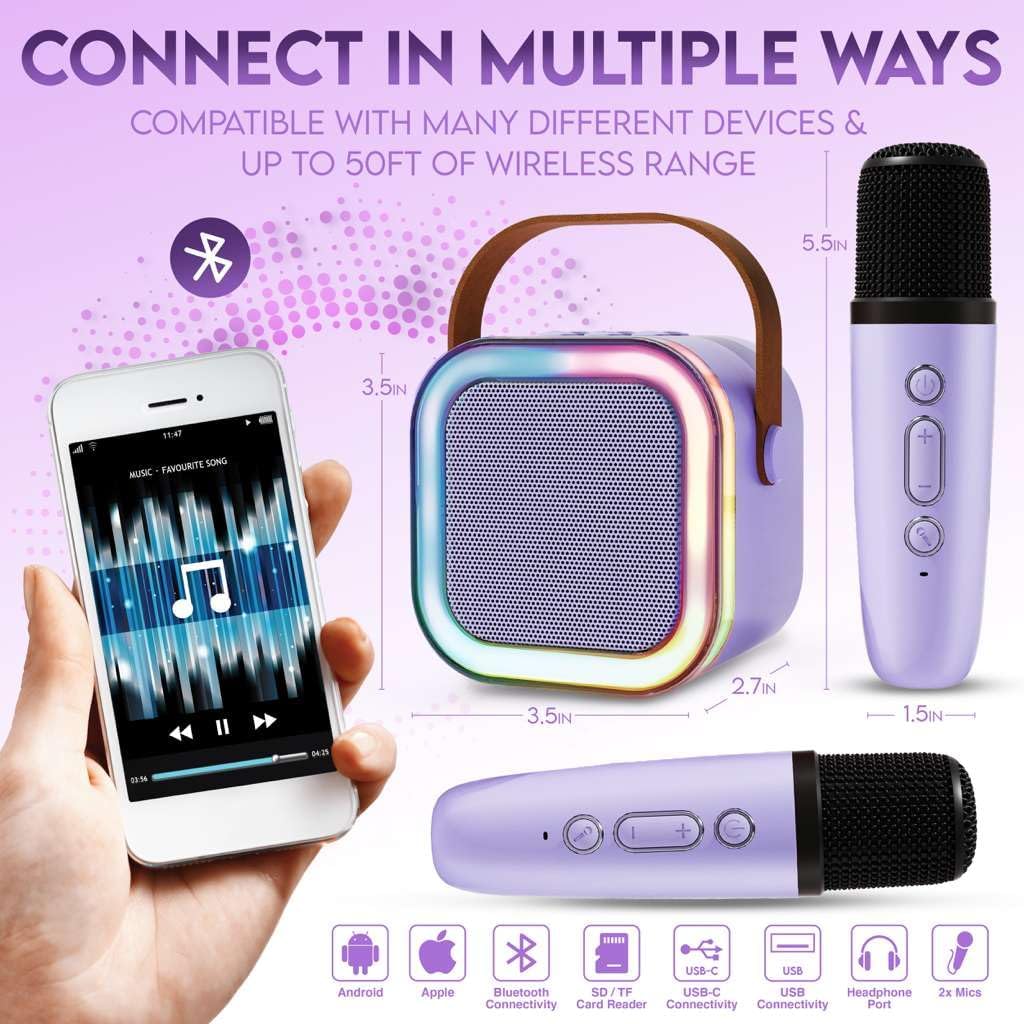 Karaoke Machine for Kids Adults, Portable Mini Bluetooth Speaker with 2 Wireless Microphones, LED Lights, Singing System for Family Home Party, Voice Changer, Boys Girls Karaoke Machine with Speaker