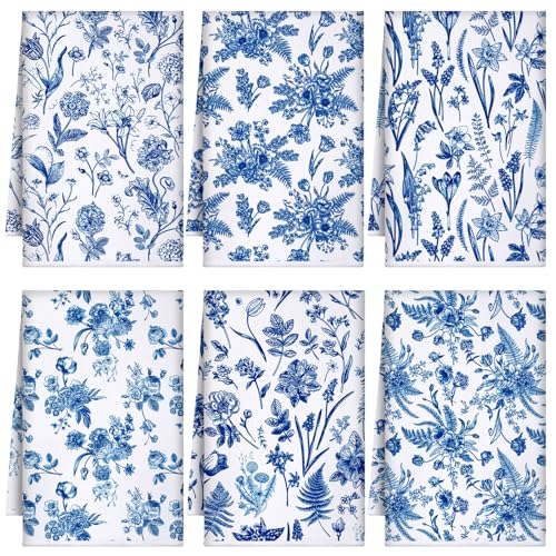 Boyiee 6 Sets Blue and White Kitchen Towels Vintage Wildflower Dish Cloth Absorbent Retro Floral Tea Hand Towels Decorative Set 24'x16' for Farmhouse Kitchen Bathroom Housewarming Gift
