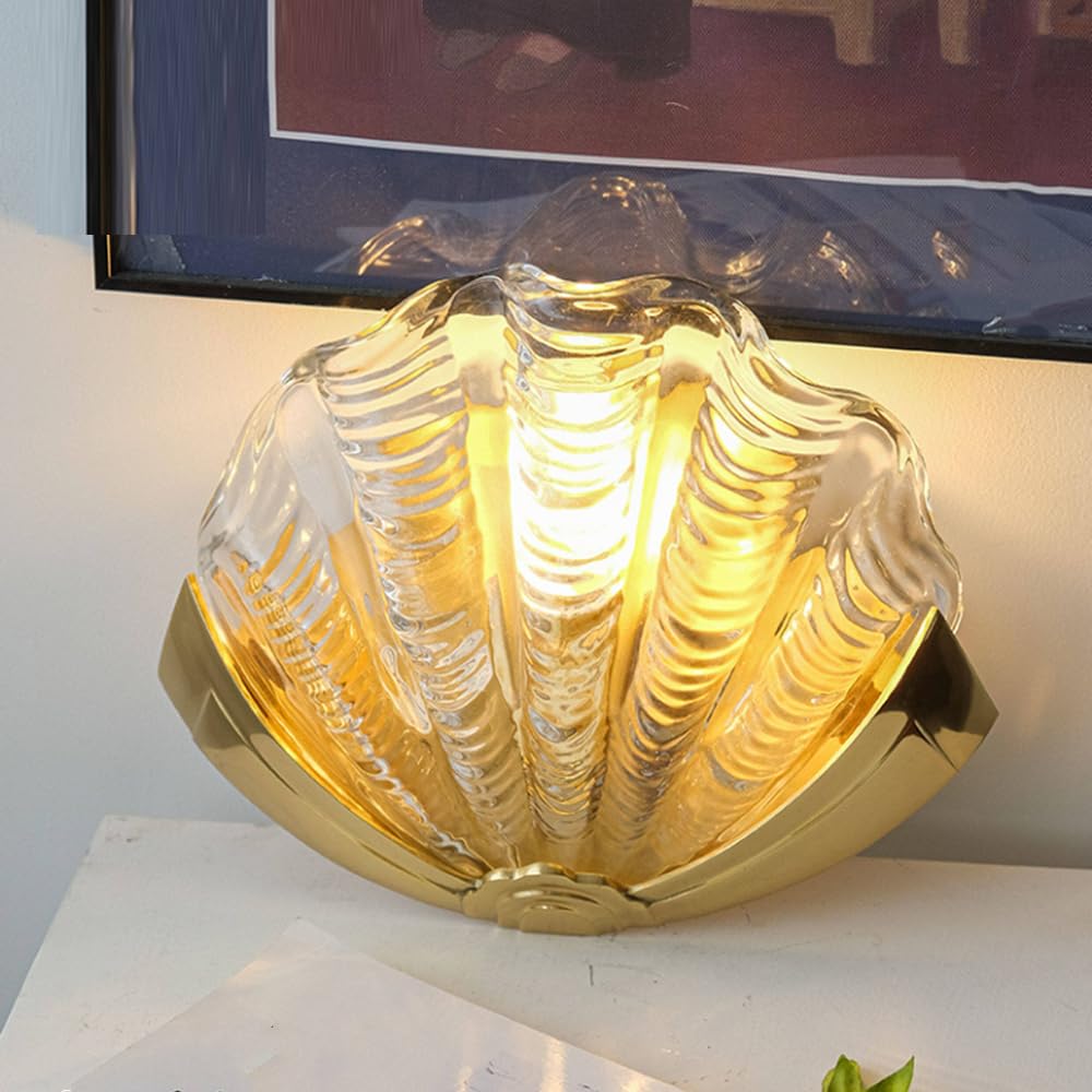 OZBMA Unique Wall Lighting for Home Décor Frosted and Transparent Lamp in Shell Shape French Luxury Brass Sconce Fixture Bedroom Atmosphere Sconces Porch