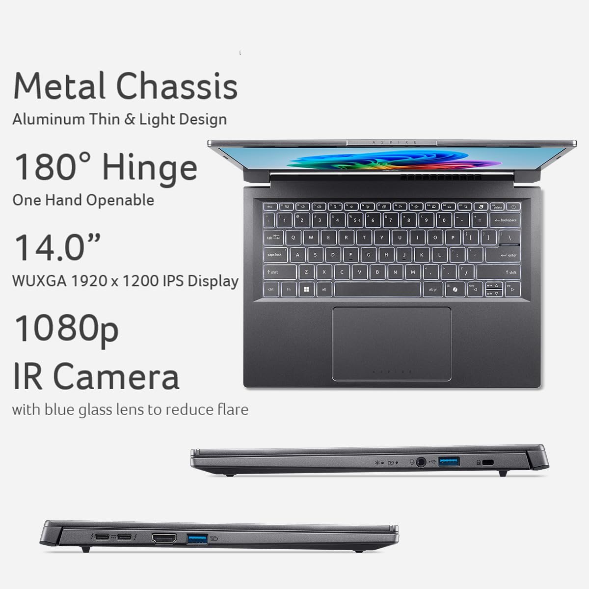 Acer Aspire 14 AI Copilot+ PC | 14" WUXGA Display | Intel Core Ultra 5 Processor 226V | NPU: Up to 40 Tops - GPU: Up to 53 Tops | Intel ARC 130V | 16GB LPDDR5X | 512GB SSD | Wi-Fi 6E | A14-52M-51S1