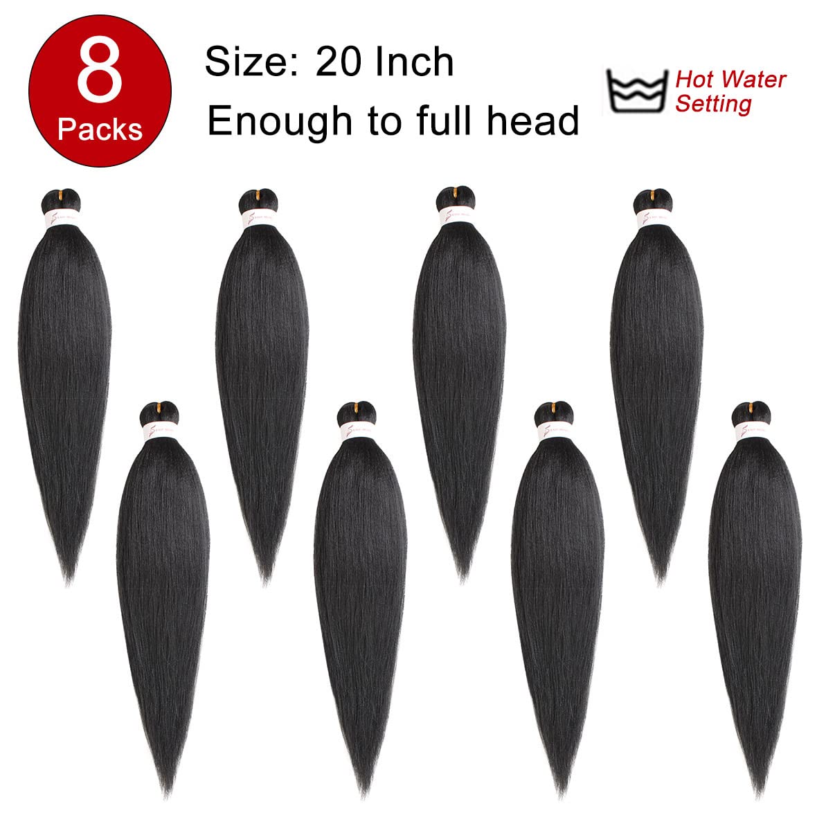 Xtrend Black 8Packs Easy Braids Cheveux tressés pré-étirés 20 pouces EZ Tressage Cheveux Réglage de l'eau chaude Fibre synthétique pour Crochet Tressage Cheveux Yaki Texture Tressage Cheveux