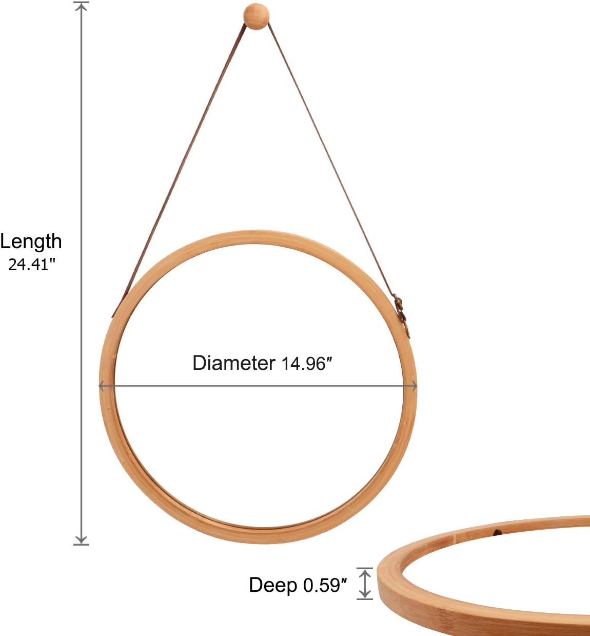 Domax Round Wall Mirror- Circle 15 Inch Mirror Bamboo Frame with Adjustable Hanging Leather Strap for Bedroom Bathroom Living Room Entryway Vanity