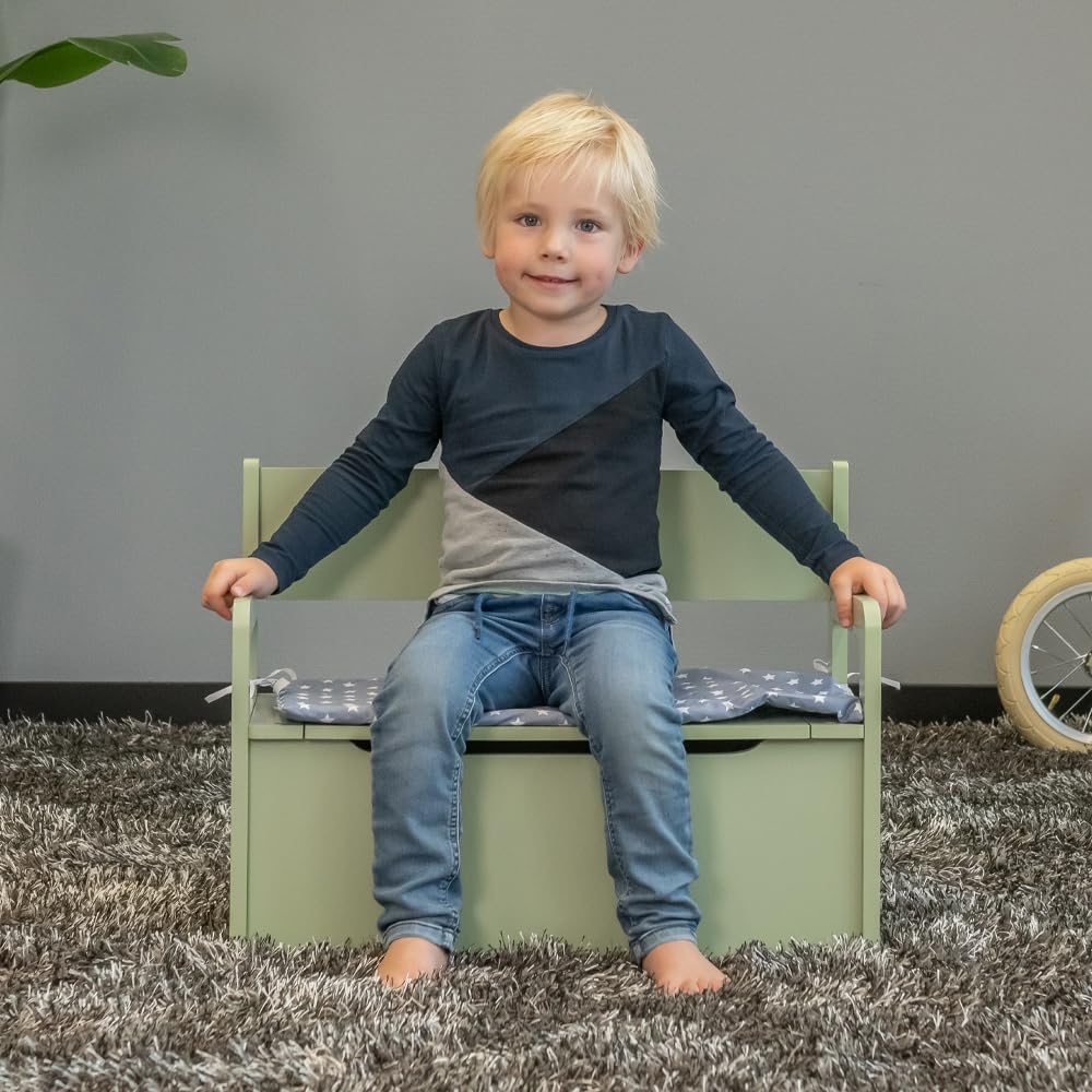 Bandits & Angels Holzspielzeugkiste mit Aufbewahrungsbank Retro Grün – 2-in-1-Aufbewahrungsbank – Sitzhöhe 24 cm – Maße 60 x 27 x 47 cm – für Jungen und Mädchen – Kinderzimmermöbel - Kindersitzbank