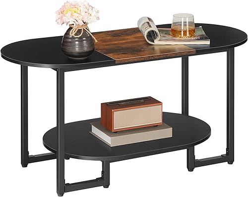 Miniatura 8 de HOOBRO - Mesa de café para sala de estar, mesa de café ovalada pequeña con estante de almacenamiento abierto de 2 niveles, mesa de té industrial