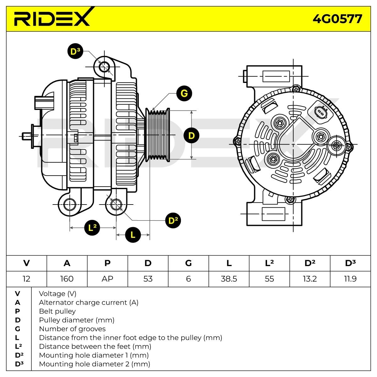RIDEX Alternateur 14V, 160A, K04896805AA K04896805AB K04896805AC Compatible avec CHRYSLER 300 C Touring LX, LE 300 C Berline LX, LE