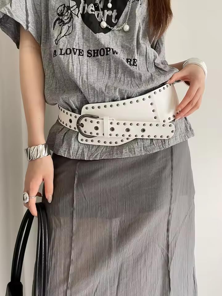 Y2K Style Chunky Wide Rivet Belt – PU Leather Waist Cincher with Irregular Cross Design, Adjustable 105cm Belt3