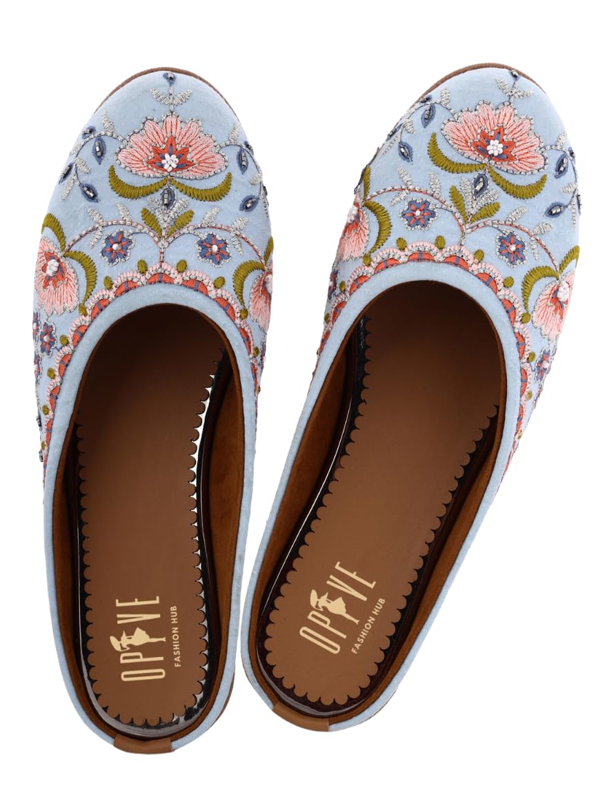 OPIVE's Women's Mojari Jutti Ethnic Punjabi Juttis Traditional Flat Embroidered Canvas Fancy Bellies Comfortable Sole for Womens & Girls-image-38