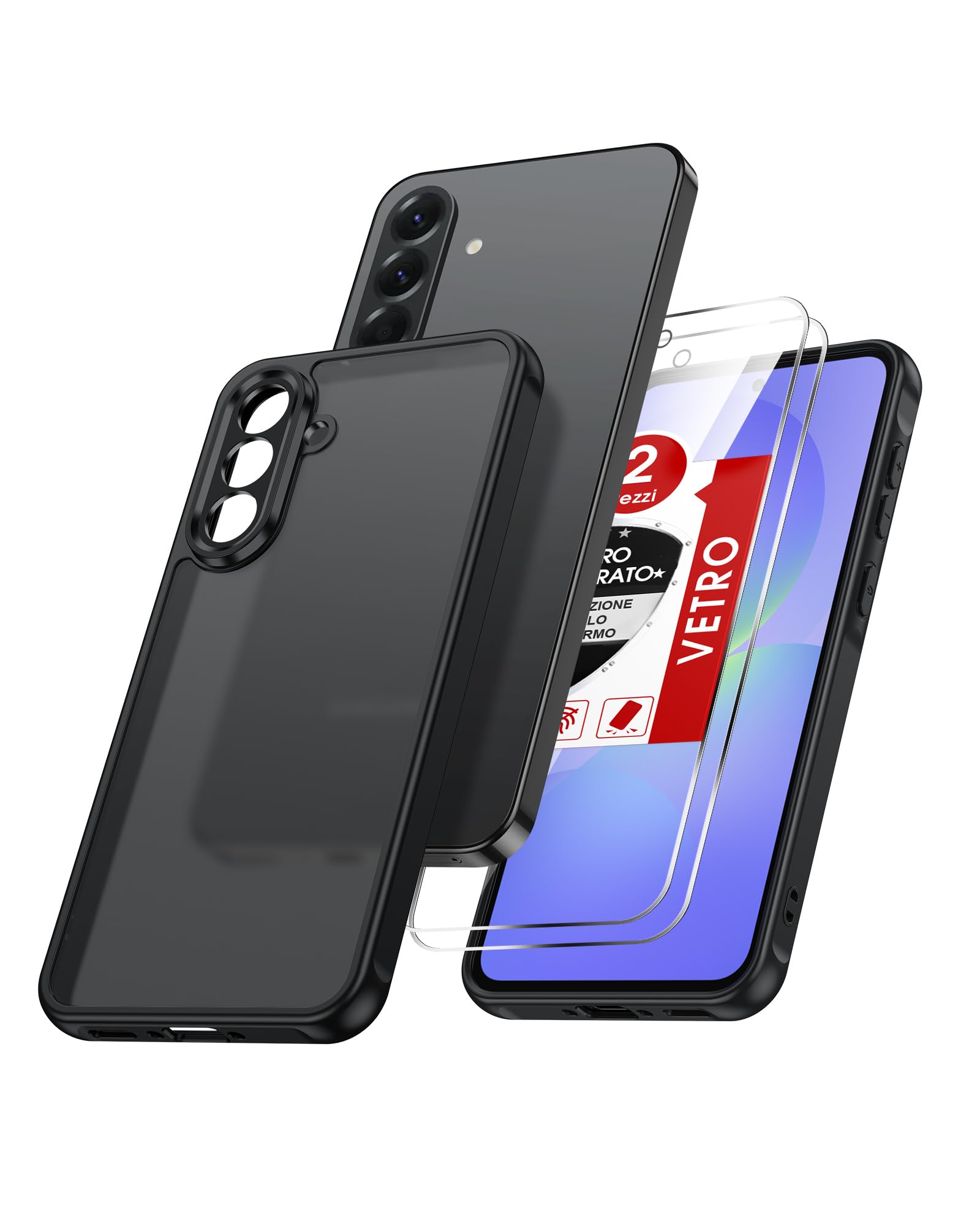 LeYi Cover per Samsung Galaxy A56 5G con 2 Vetro Temperato, Custodia per A 56 Protezione Fotocamera Traslucida Opaca Anti-Impronte Resistente ai Graffi Paraurti in TPU Antiurto Protettiva Case, Nero