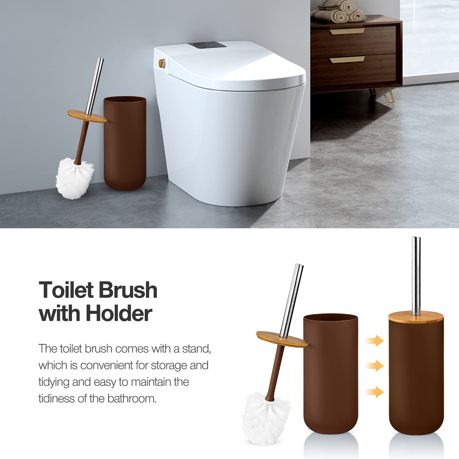 Set di accessori da bagno in bambù e plastica, 7 pezzi, include tazza per spazzolino, portaspazzolino, dispenser di sapone, portasapone, scopino per WC con supporto, bidone della spazzatura, con 3