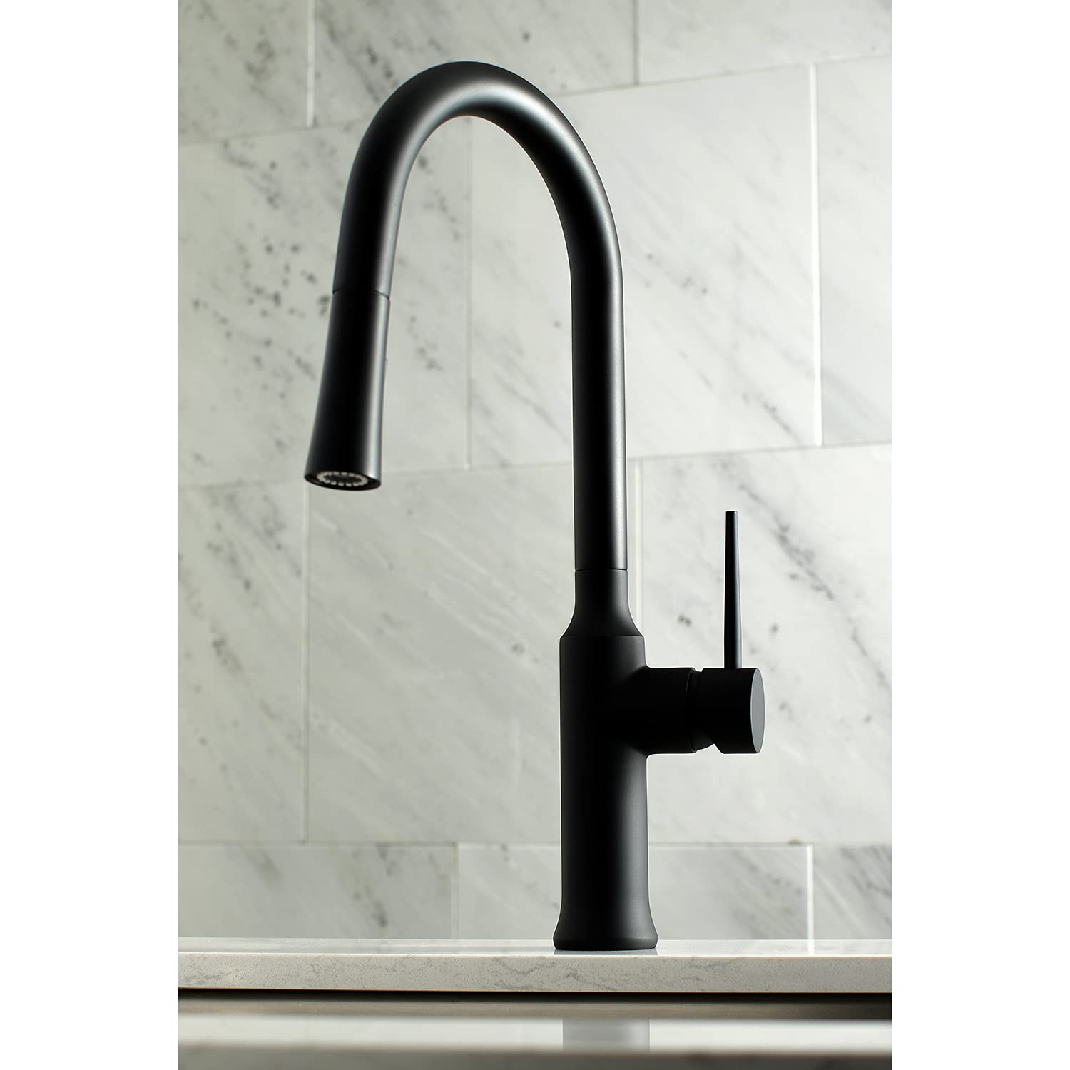 Kingston Brass LS2720NYL Grifo de cocina desplegable de una sola manija, negro mate, 8 pulgadas de alcance de boquilla
