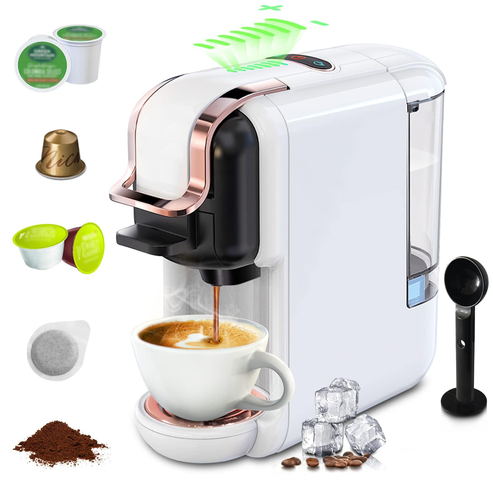 Ekspres do kawy z pojedynczą porcją, 19 barów, ekspres do kawy na kapsułki, szybkie nagrzewanie, ekspres do kawy 1450 W, na filiżanki K i espresso w proszku, białe wykończenie