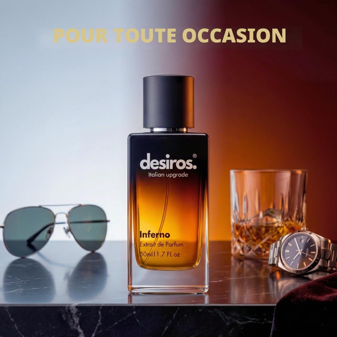 Desiros. Italian Upgrade Desiros Inferno – Extrait de Parfum Homme Sensuel à Longue Durée | Élégance Italienne et Attraction Irrésistible | Notes Agrumates, Fraises et Bois | Concentration 25% d'Huile