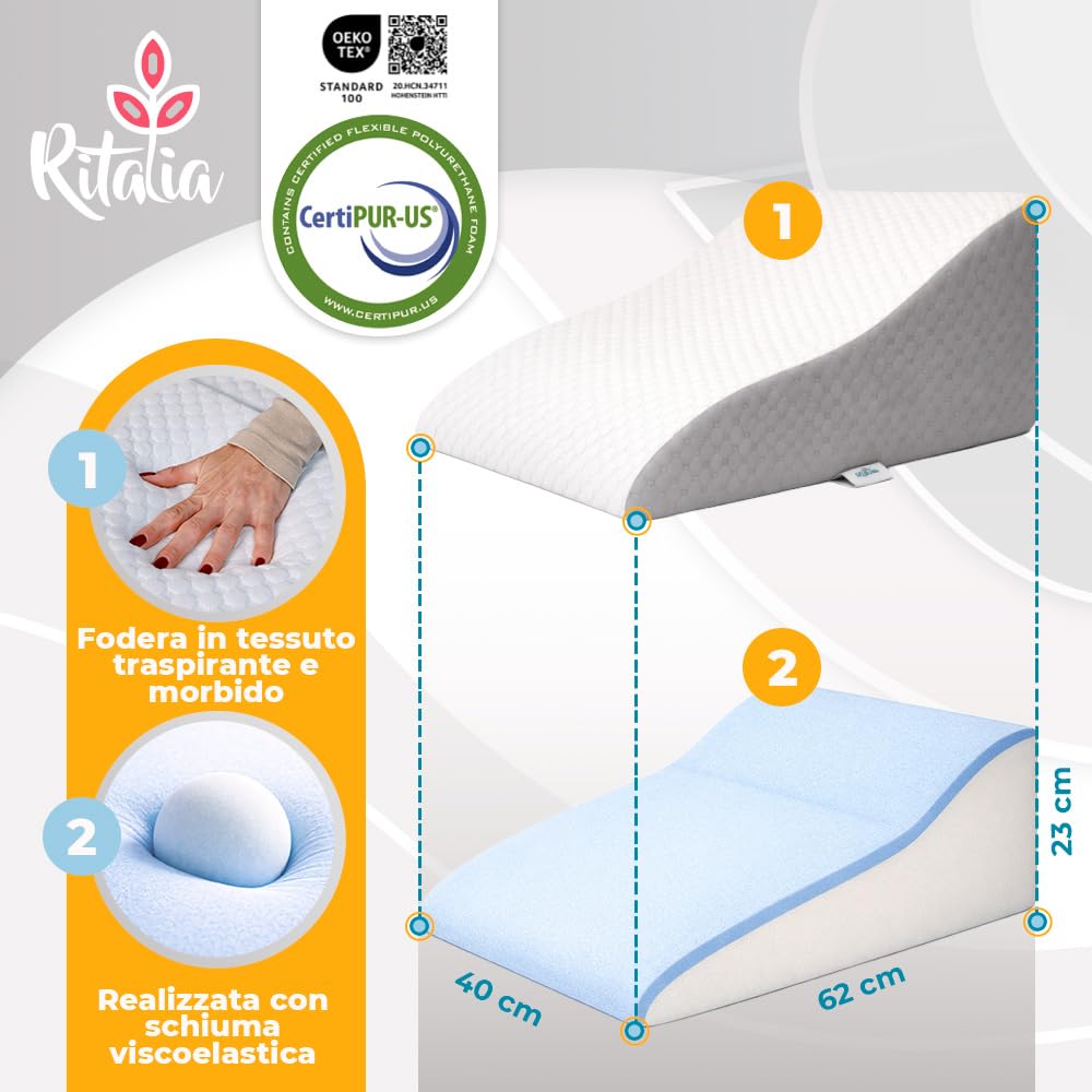 Ritalia CUSCINO CUNEO GAMBE Cuscino alza gambe per circolazione | Cuscino ortopedico per elevazione gambe in Memory Foam | Federa traspirante lavabile