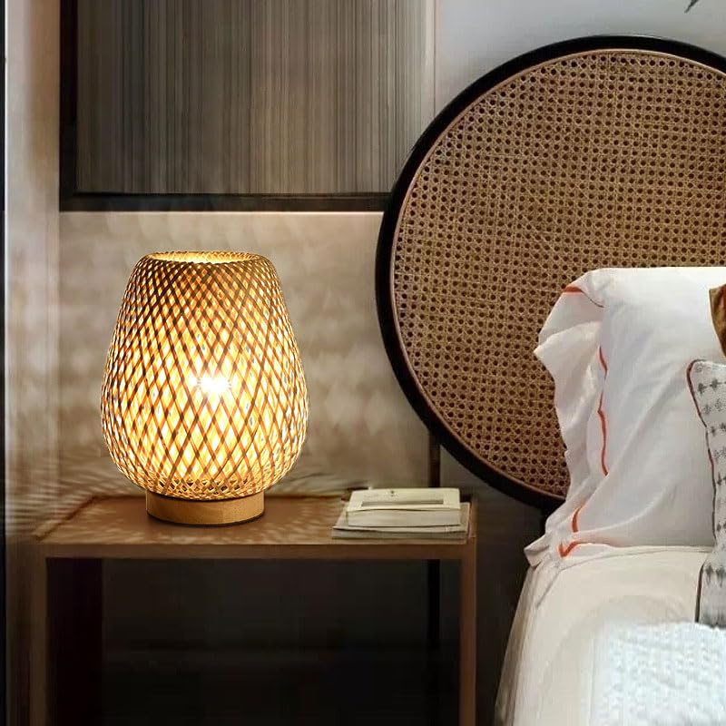 BarcelonaLED Tischlampe Aus Bambus/Rattan – Ø 30 Cm, Höhe 35 Cm, E27 Fassung, Indirektes Licht Für Gemütliche Atmosphäre
