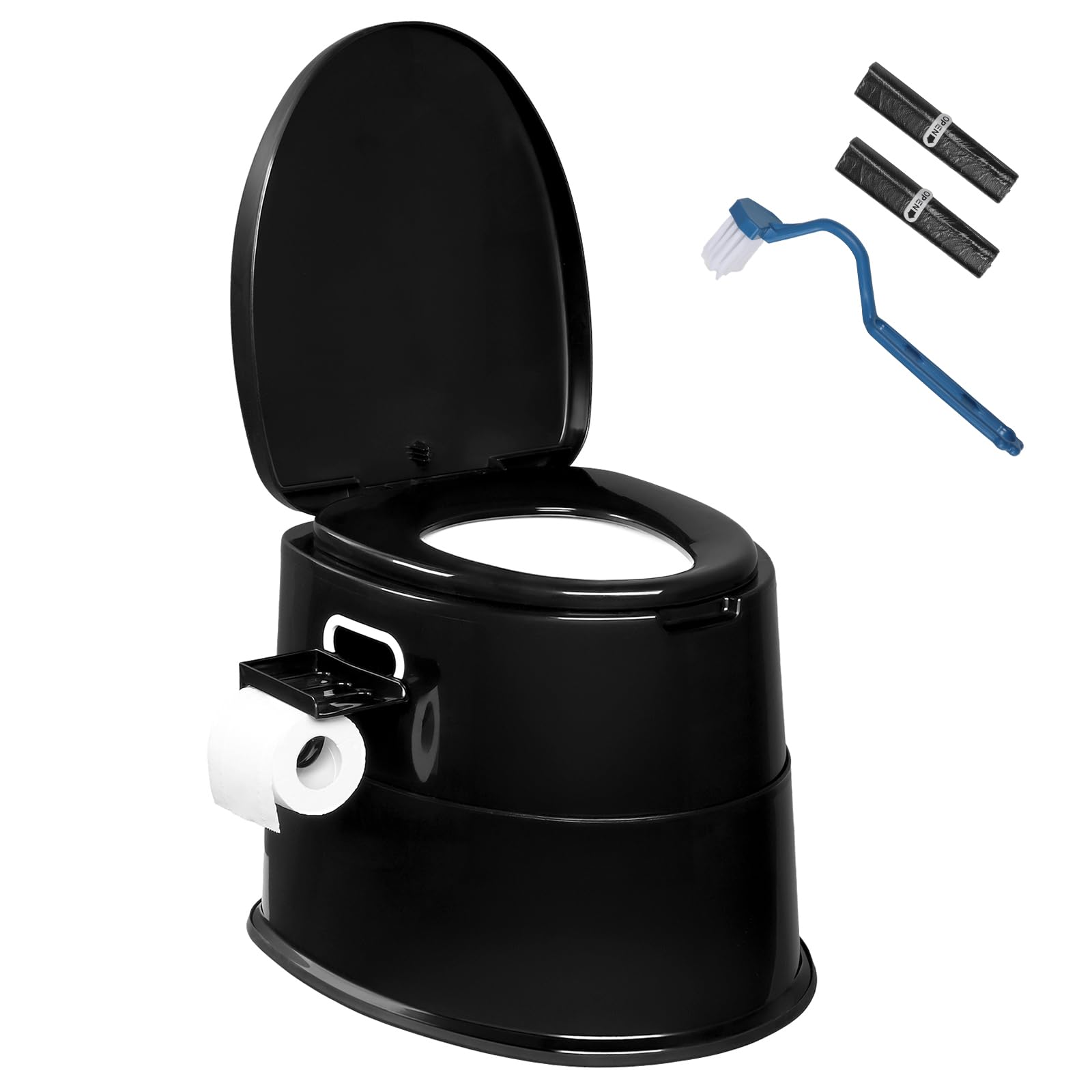 VINGLI Portable Toilet | Indoor Outdoor Commode w/Detachable Inner Bucket, Removable Paper Holder, Included Toilet Brush &amp; Trash Bags, Lightweight Compact for Camping, Boat, Van, Emergency, Black