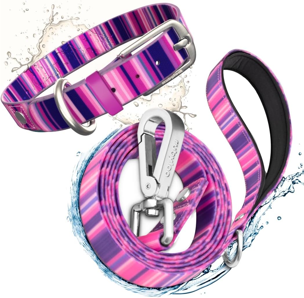 Waterproof Dog Collar (Pink-S 3/4") and Leash (Pink 3/4") Set for Medium Large Dogs Rain Snow Swim Ready Gear