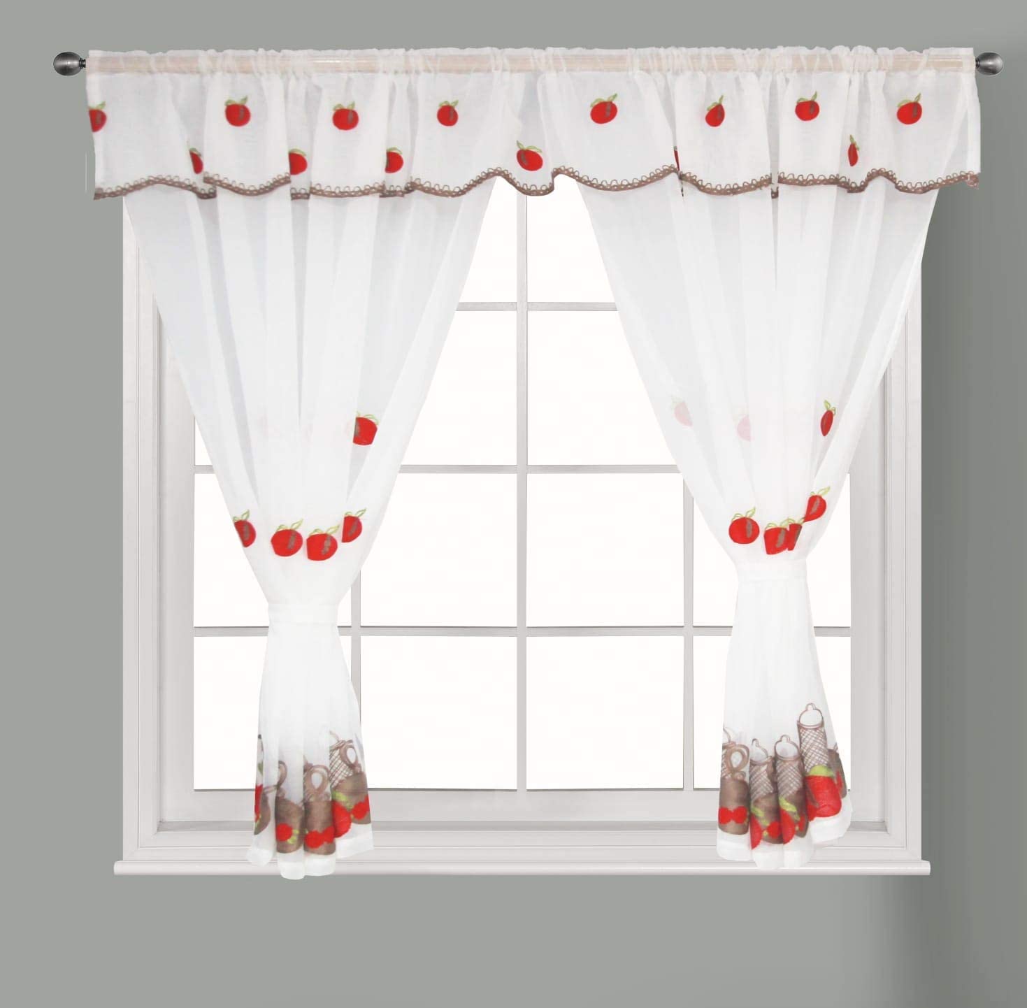 Householdfurnishing Embroidered Kitchen Window Pair Curtains Set Rod Pocket with Attached Valance & Tiebacks (Wndsr Red White, W 48 x L 54 Inch)