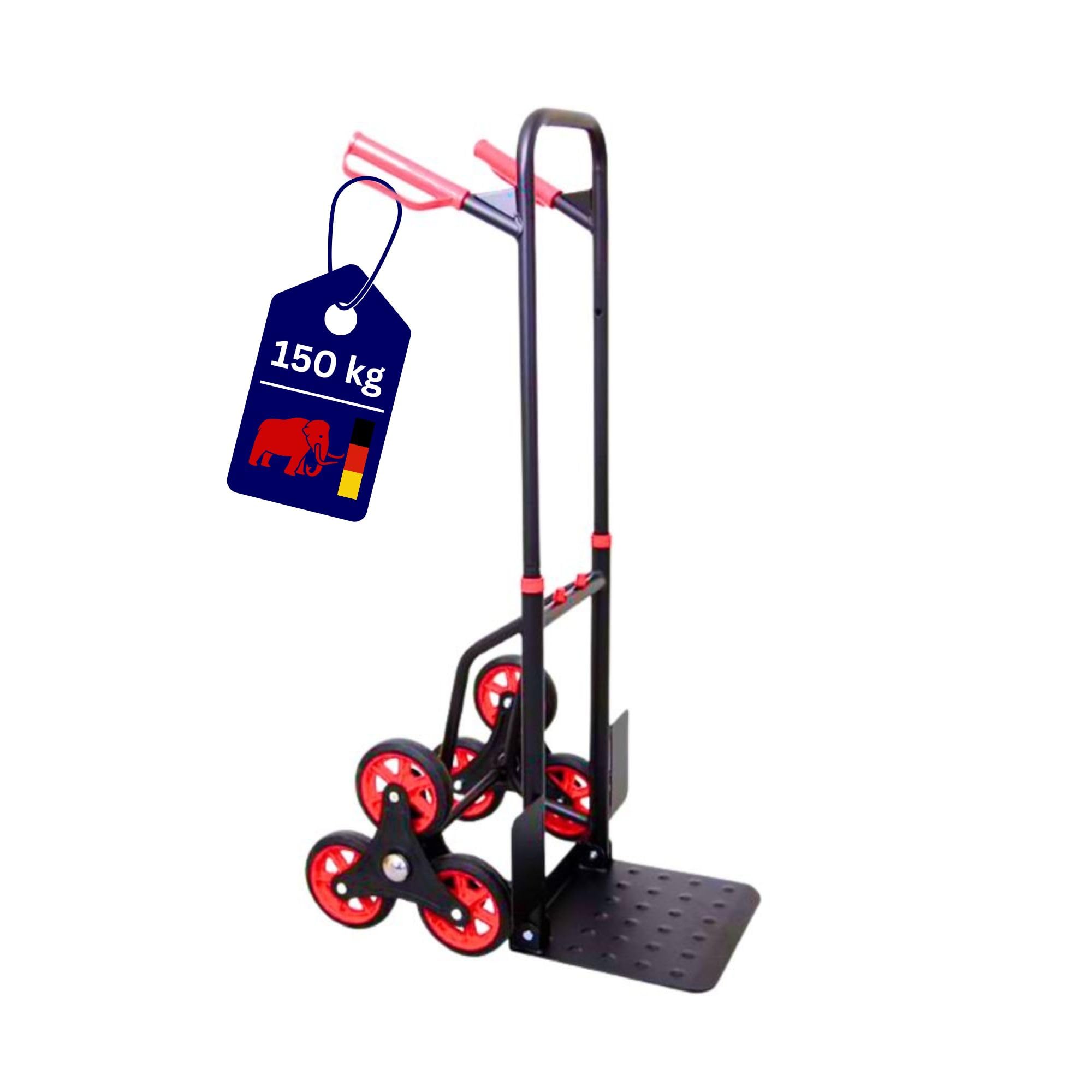 PROREGAL Klappbarer Profi-Treppensteiger Taurus 150kg TÜV Zertifiziert pannensichere Vollgummibereifung 110x45x61cm Rot-Schwarz Sackkarre Transportkarre Staplerkarre