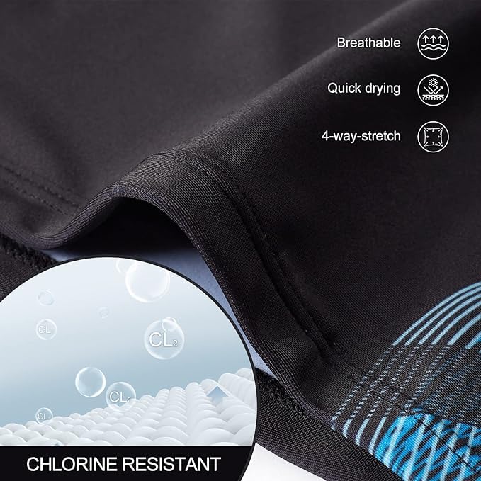 Image of Men's Swim Trunks Set with Swimming Goggles, Cap, Nose Clip & Earplugs - Quick Dry Printed Swim Shorts for Beach & Pool - Comfortable Elastic Waist Swimwear Combo