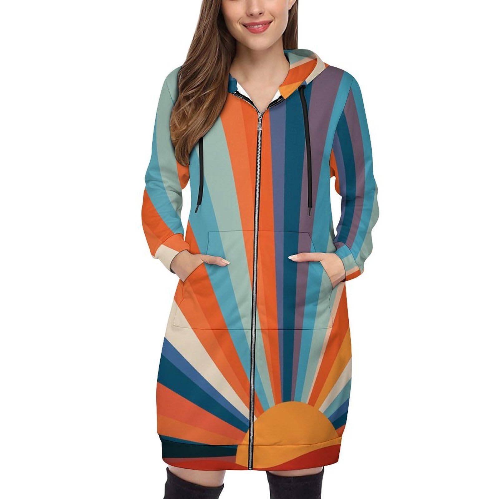 Felpa Donna con Zip Felpe Sportiva con Tasche E Cappuccio Motivo Sole retrò Morbida Invernale Giacca Regolabile Confortevole per Uso Quotidiano Casual
