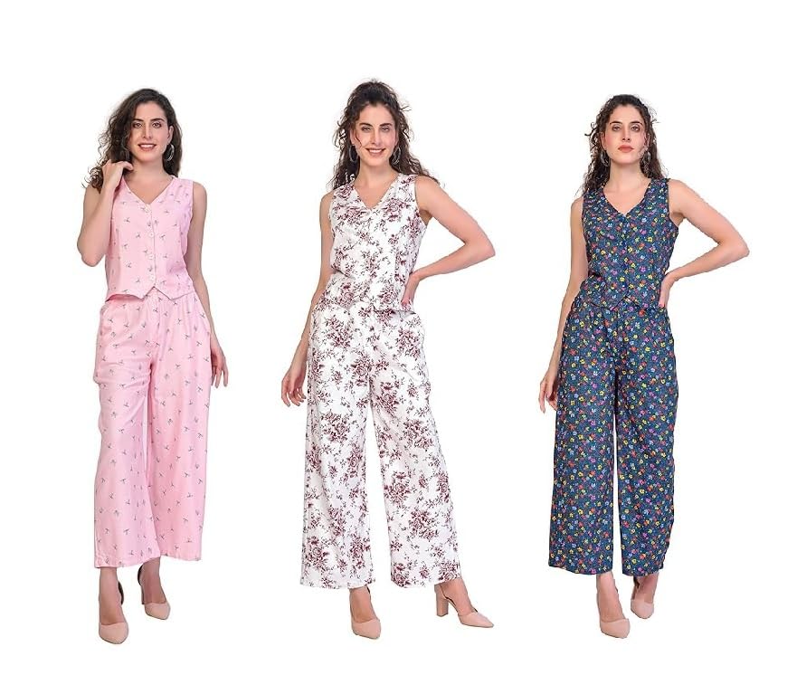 Viscose Top and Pant Cord Set for Women | Comfortable and Relaxed Two Piece Combo Matching Co-ord Set | Casual Wear, Nightwear & Sleepwear [3 in 1]-image-39