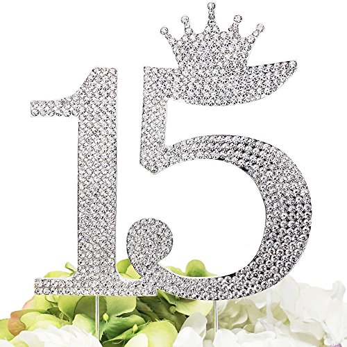 Number 15 Quinceanera Rhinestone Princess Crown Monogram Cake Topper - Sweet 15th Birthday Party (Silver)