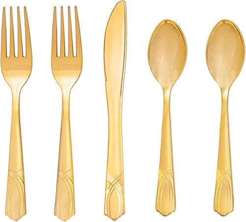 DaYammi Juego de 150 cubiertos de plástico desechables dorados, 50 tenedores, 50 cuchillos, 50 cucharas, juego de utensilios desechables dorados de