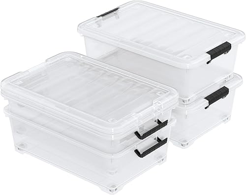 Miniatura 7 de Caja de almacenamiento de plástico para debajo de la cama de 20 L con ruedas, paquete de 4 contenedores transparentes para debajo de la cama