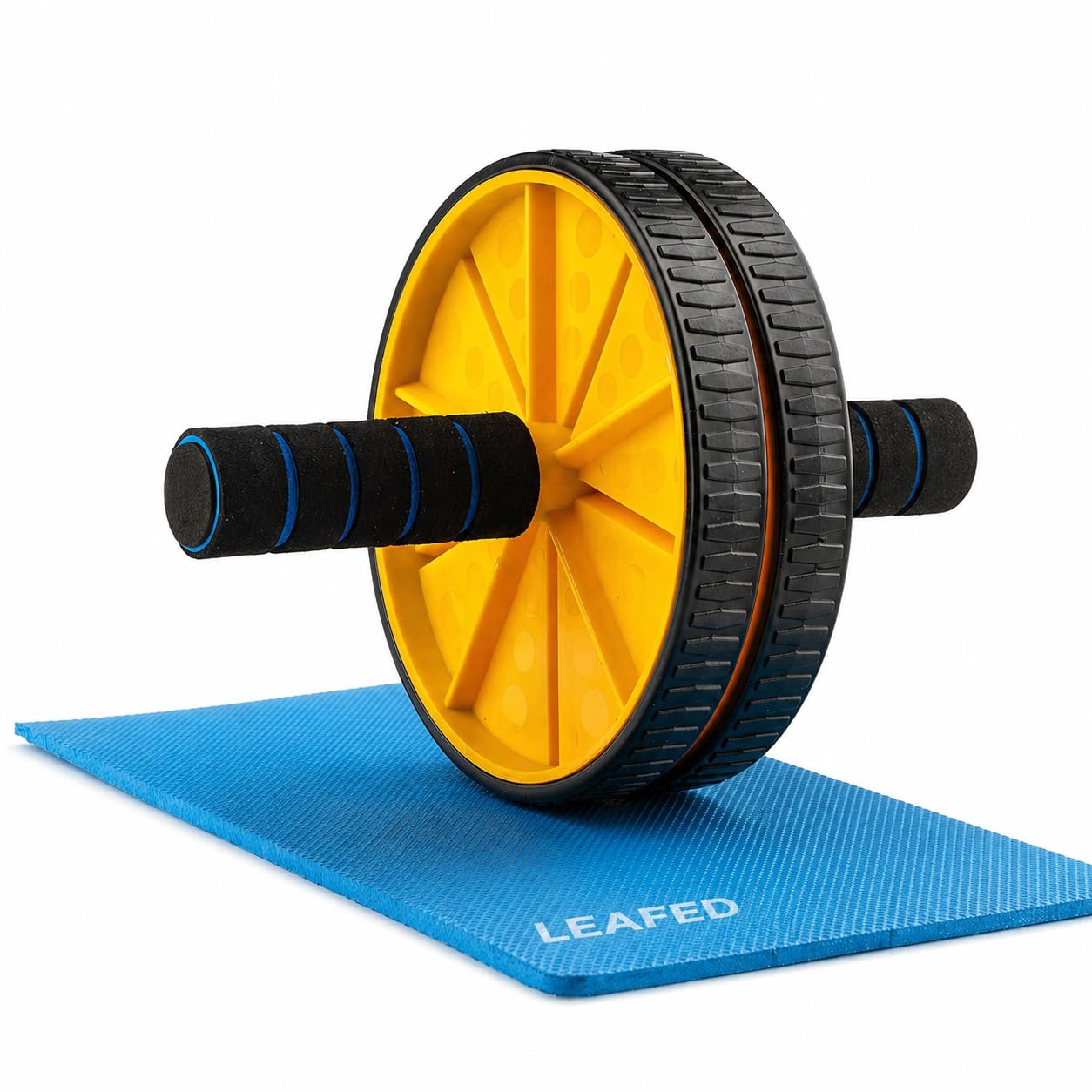 LEAFED Premium Ab Wheel Roller with Knee Mat | Stainless Steel Anti-Rust Rod | Core & Abs Workout Equipment for Men & Women | Home Gym Fitness Roller (Up to 100 Kg) Yellow/Black