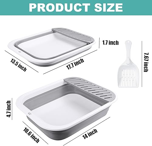 Miniatura 2 de Caja de arena para gatos para viajes, caja de arena pequeña gris de 18 x 14 pulgadas para bandeja de arena abierta, plegable, impermeable, caja de