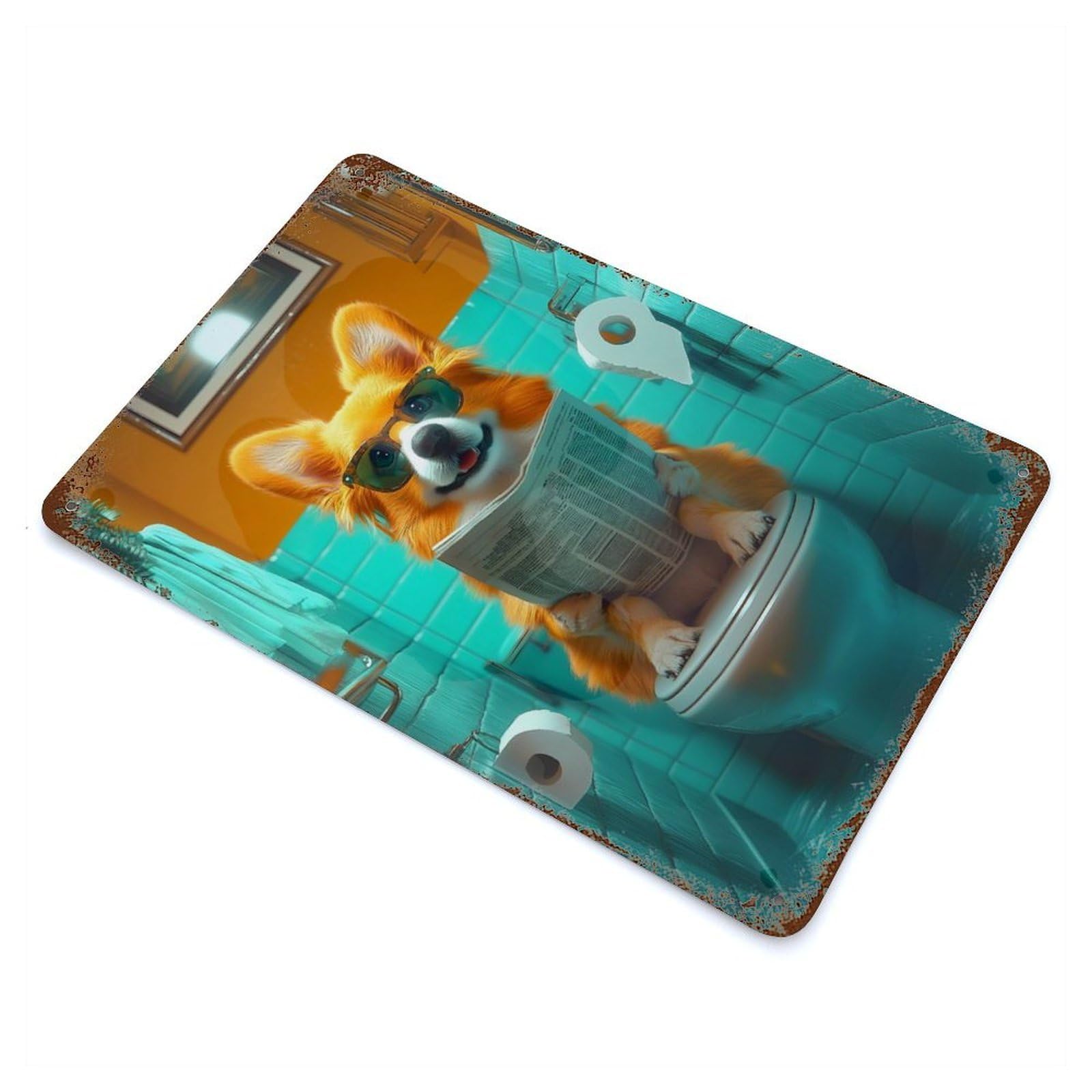 Garage Style Corgi Reading on Toilet Rusty Metal Tin Sign 11.8"x7.9", Farmhouse Wall Decor for Bar And Workshop