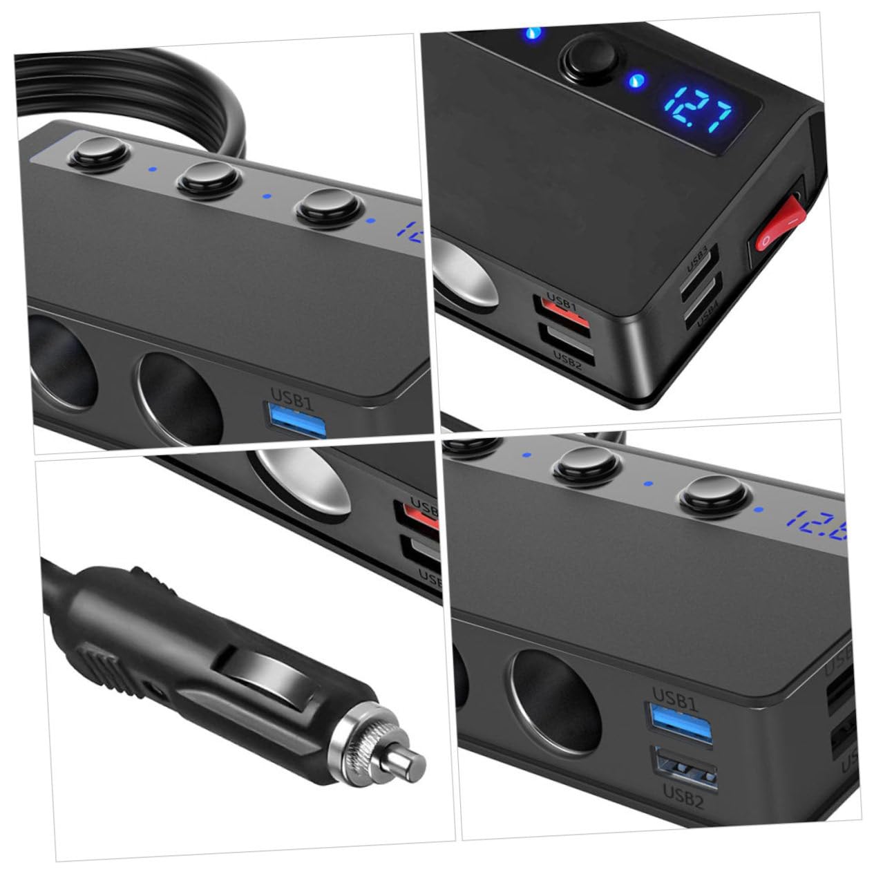 Cargador de Coche 180w 4 Puertos USB y 3 Tomas de Mechero, Indicador de Voltaje, PC Negro para Móvil y Luces USB