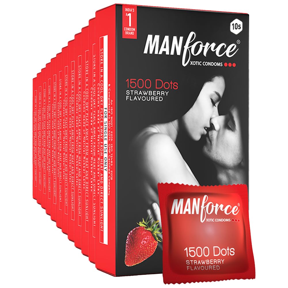 Manforce Xotic Strawberry Flavoured Extra Dotted Condoms for Men | Dotted for Her Stimulation | Lubricated Latex Condoms | 10 Pcs x Pack of 12-picture-23