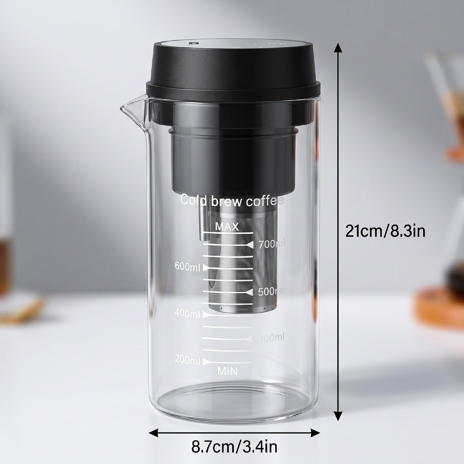 Fockety Caraffa per caffè Cold Brew, Infusore Elettrico Ricaricabile per tè, 700 Ml con Coperchio Ermetico Antigoccia e Filtro in Acciaio Inox for Casa e Ufficio (Black)