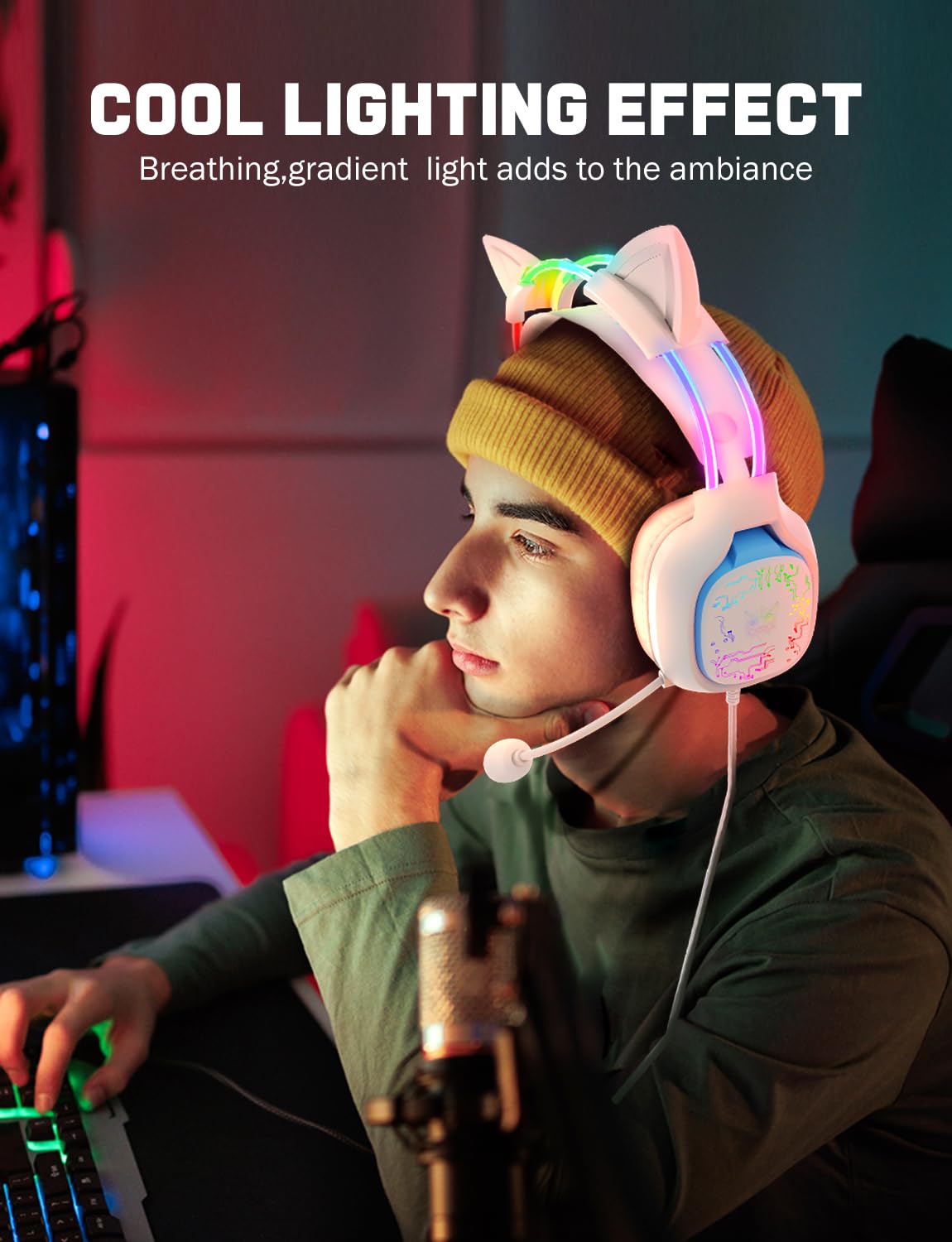 ONITOON Gaming Headset with Microphone, RGB Lights, Detachable Cat Ear, Lightweight Over-Ear Headphones with Adjustable Headband for PC, PS4, PS5, Mac, Switch, Surround Sound, in-Line Control, White - 4