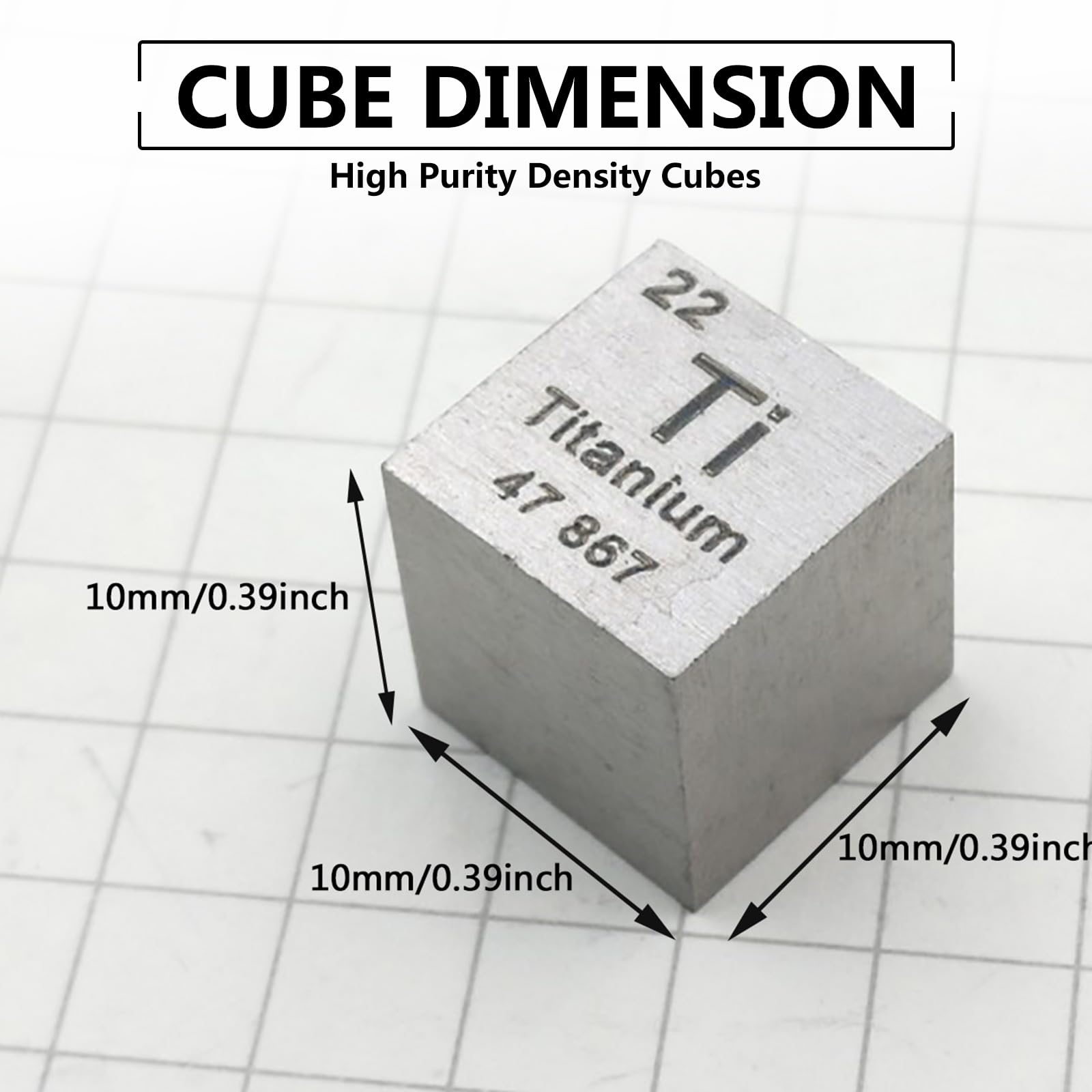 Titanium Cube - 10mm Pure Metal Element Cubes - Laser Engraved High Density Cube Set for a Periodic Table of Elements Collection,Titanium