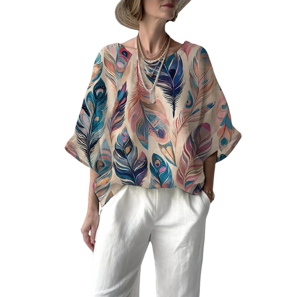 Zhyaj Women's Boho Floral Printed Crewneck Long 3/4 Sleeve Tunic Tops Ladies Summer Casual Daily Cotton Linen Blend Blouse