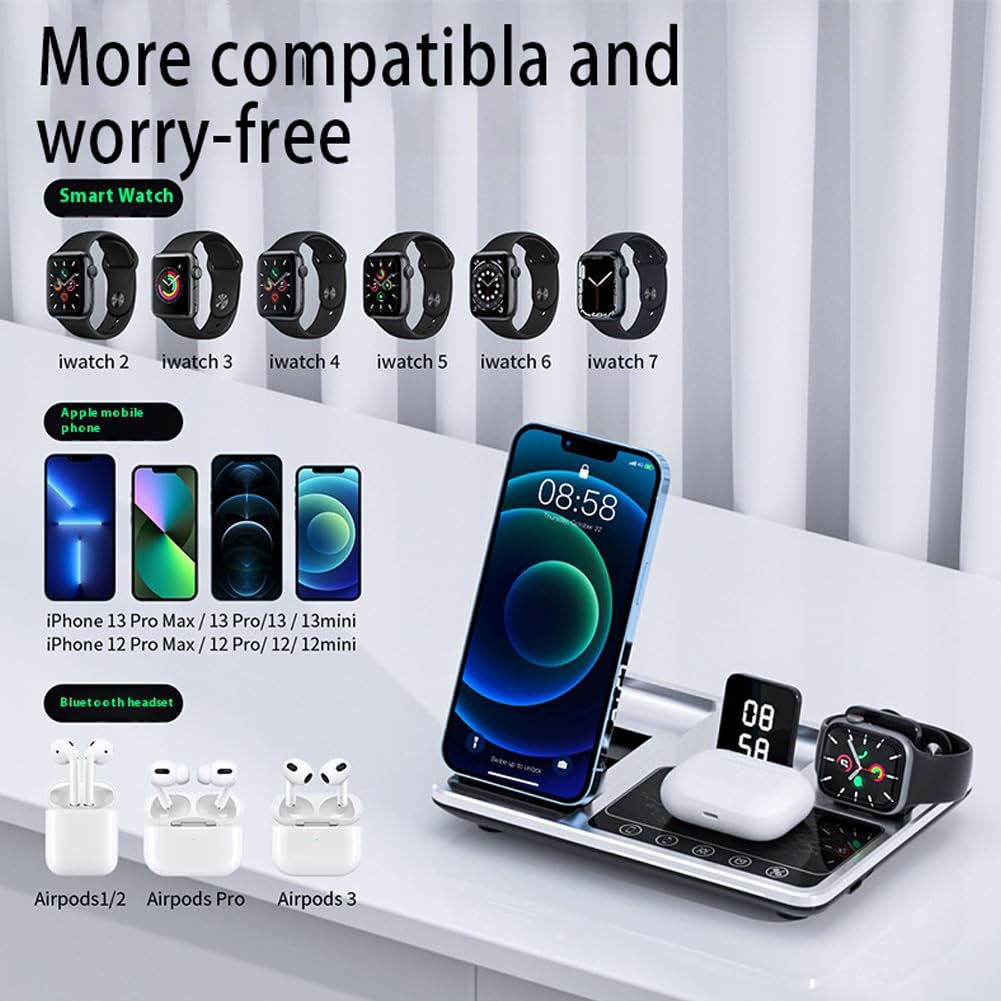 Zureze Station, 4 in 1 Sveglia Wireless Charger Stand, Stazione di Ricarica Liftable per Più Dispositivi, Stazione di Ricarica Wireless Universale 4 Pollici Accelera la Ricarica del Dispositivo