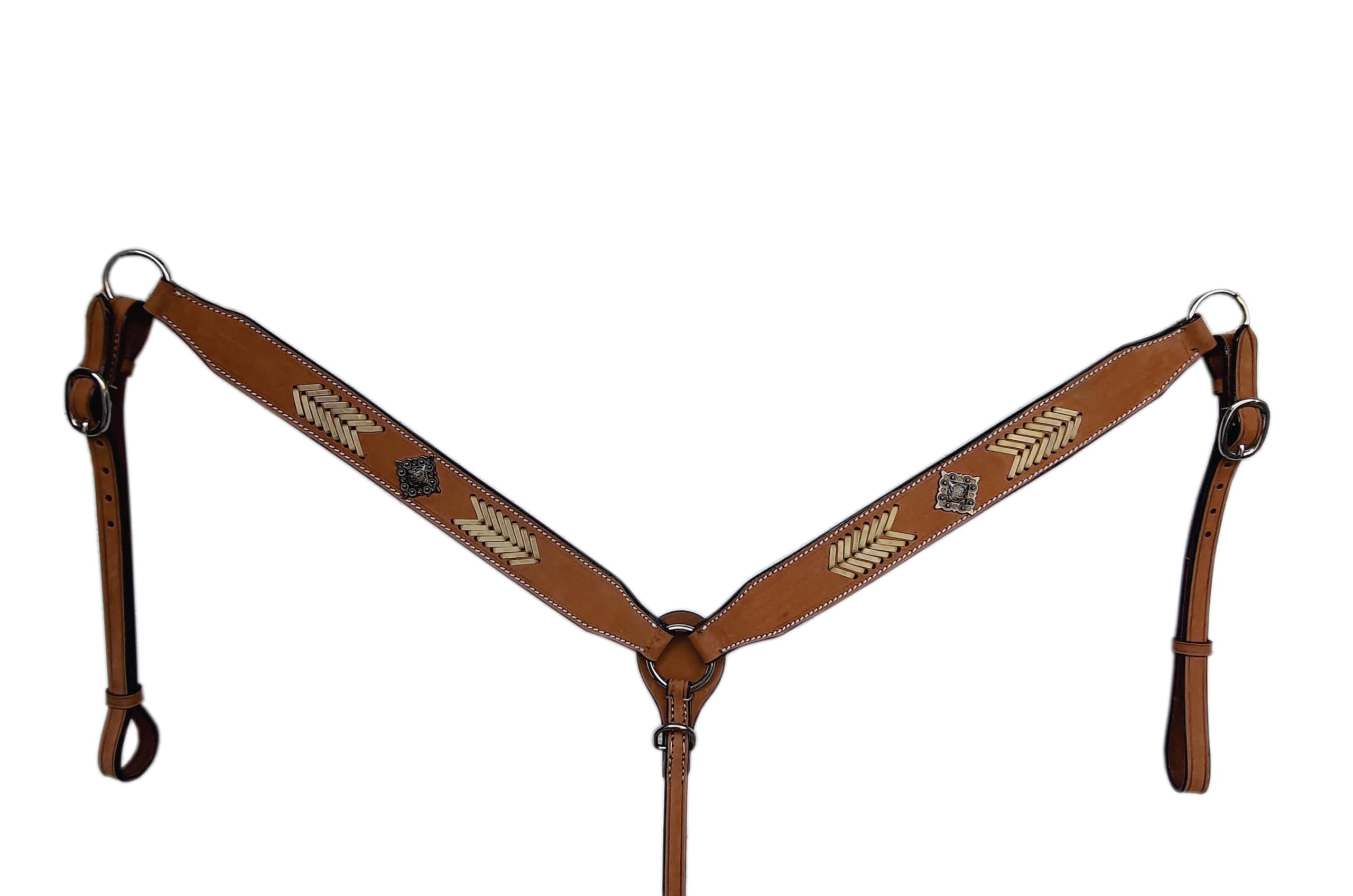 Collar de pecho de cuero crudo con cuentas de cuero crudo para caballos para montar en senderos con acento moderno, tamaño completo