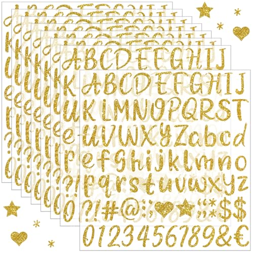 Glitter Gold Letter Stickers 8 Sheets 664 PCS Alphabet Number Stickers 1 Inch Self Adhesive Vinyl Stickers for Graduation Cap Scrapbooking Water Bottles Mailbox DIY Crafts Signs Party Decor (Gold)