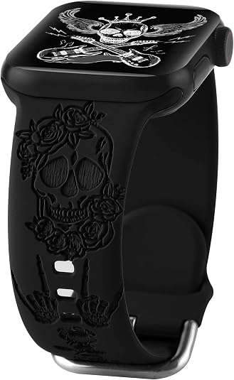 Halloween Floral Engraved Silicone Band Compatible With Apple Watch 38 40 41mm 42 44 46 49mm for Women Men,Skull Printed Soft Silicone Sport Wristbands Replacement Strap for iWatch Series SE 10 9 8 7 6 5 4 3 Ultra 2