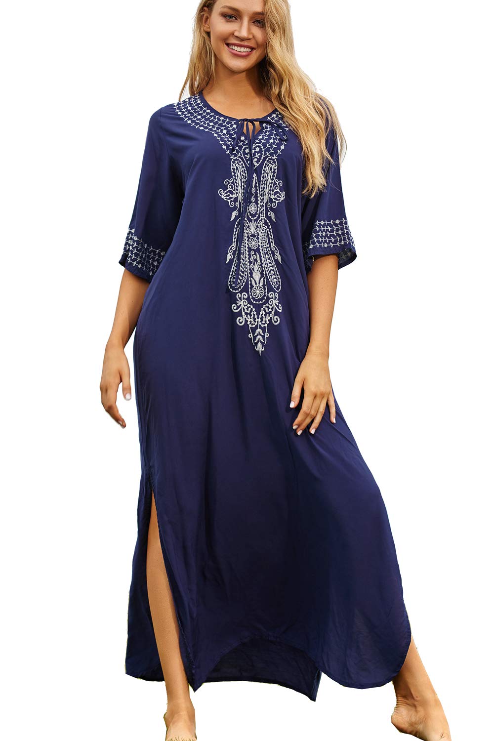YouKDEmbroidered Floral Loose Caftan Boho Beach Bikini Cover Up Dress Plus Size Robe for Women